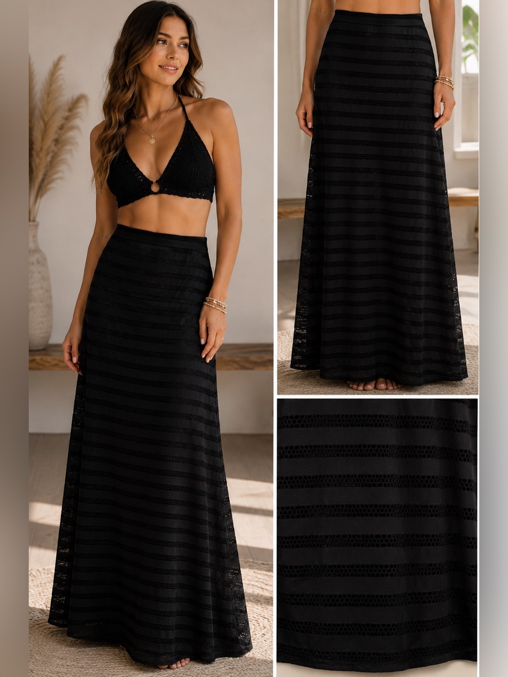 Cato Black Lined A-Line Maxi Skirt Semi Sheer Stripe Textured Pull-On Size Small